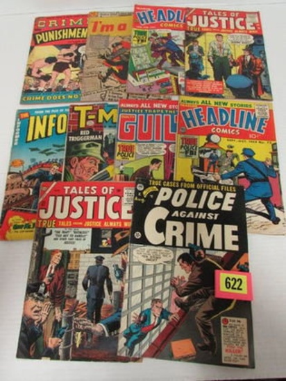 Lot (10) Golden Age Crime/ Police Related Comics Includes Powell Art