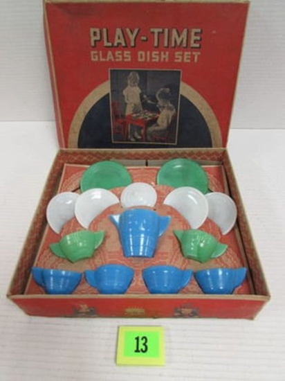 Antique Akro Agate Play-time Glass Child's Dish Set Complete In Box