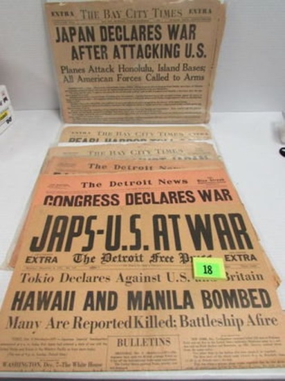 Lot (6) Vintage 1941 Pearl Harbor Related Newspapers