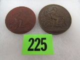 (2) Rare Ca. 1900's Bronze Medallions Woman On Motorcycle Signed A. Desaide