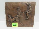 Artist Signed High Relief Wall Plaque Boy On High Wheel Bicycle W/ Dog