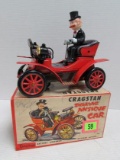 Ca. 1950's Cragstan Japan Tin Battery Op Smoking Antique Car In Orig. Box