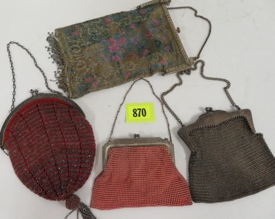 Collection of (4) Antique Ladies Mesh Handbags, Inc. German Silver, Beaded and Otehrs