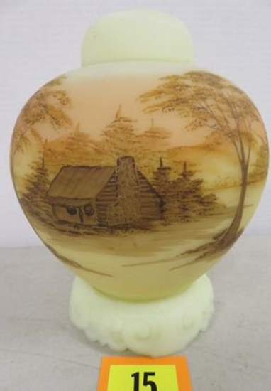 Fenton Art Glass Satin Yellow Custard Handpainted Log Cabin 3pc Ginger Jar