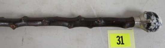 Antique Knotty Wood Walking Stick w/ Marble Knob Handle