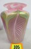 Stunning Vandermark Art Glass Pulled Feather Art Glass Vase, 6.5