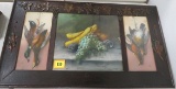 Antique Triptych Framed Chalk Drawings of Game Birds and Fruit