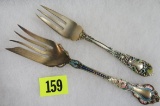 Lot of (2) Antique Sterling Silver Enameled Dessert Serving Forks, 160g