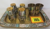 Vintage 1950s Brass and Mother of Pearl Saki Drink Set with Serving Tray