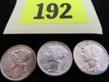 Group of (3) Mercury Dimes, Sharp FSB Coins