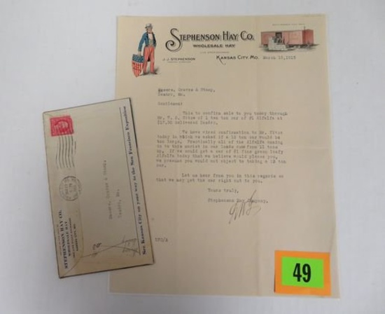 Near 1915 Stephenson Hay Co. Dealer Letter w/ Nice Uncle Sam and RR Box Car Vignettes