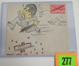 Nice WWII Hand Drawn Color Envelope w/ Cartoon of Japanese Soldier Running