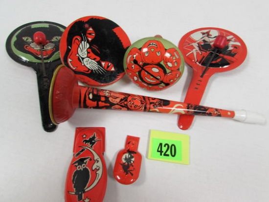 (7) Antique Tin Litho Halloween Noisemakers