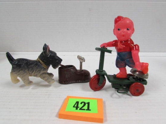 (2) Antique Occupied Japan Tin/ Celluloid Wind-up Toys Dog/boot, Boy On Scooter