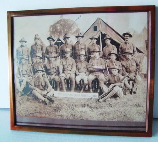 Dated 1913 Lg. Military Photo of Michigan Camp Perry Group In Handmade Brass Frame