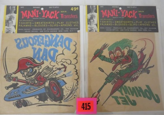 Lot of (2) Unused 1960s Mani-Yack "Weird Ohs" transfers Inc. Johnny Jet, Dangerous Dan