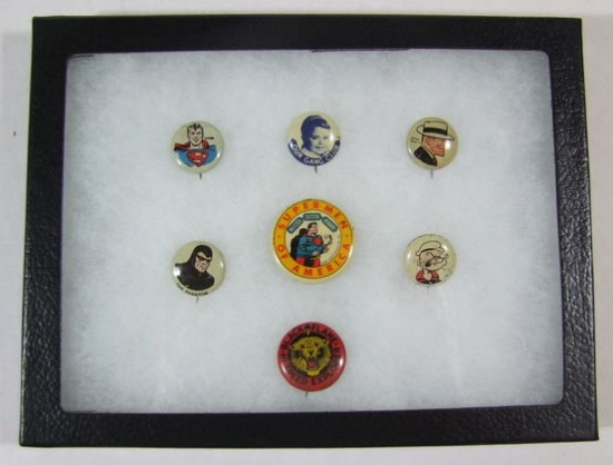 Collection of (7) 1940s Character Pinbacks, Inc Celluloid Superman