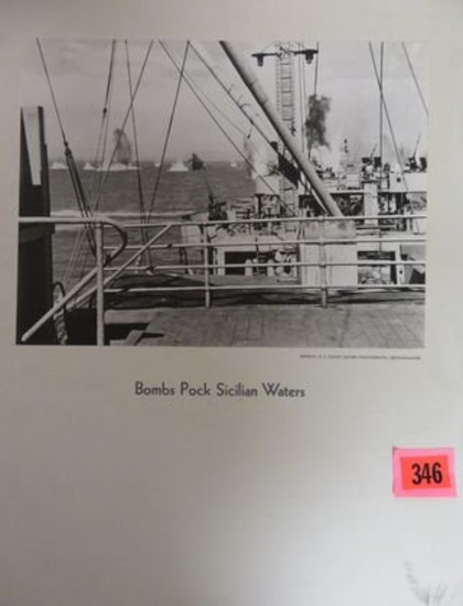 Rare WWII USN Graflex Museum Print on Cardstock "Bombs Pack Sicilian Waters"