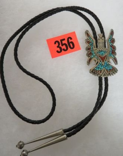 Outstanding Native American Indian Zuni Inlaid Turquoise Bolo Tie