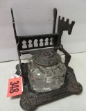 Dated 1879 Antique Cast Iron and Crystal Ink Well