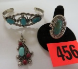 Native American Indian Navajo Turquoise and Sterling Silver Pendant, Ring and Bracelet