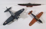 Lot of 3 WWII Wooden Models Inc Submarine, USN Fighter Plane, USAC Airplane
