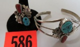 Native Amer Indian Navajo Sterling Silver and Turquoise Ring and Bracelet Matched Set