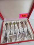 Unusual German Souvenir Silver Plated Shrimp Fork Set, Complete