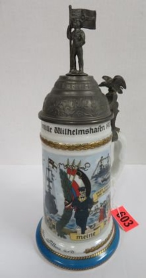 German Porcelain Regimental Lithophane Stein (1907-1910) w/ Soldier and Flag Finial