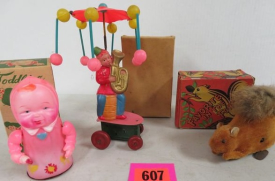 Lot of (3) Occupied Japan Mechanical Toys, Inc.  Toddling Babe and Favorite of the Forest