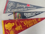 Lot of 3 Vintage Felt Pennants, Inc. Carter Campaign, Quintuplets Corbeil & Shrine Circus