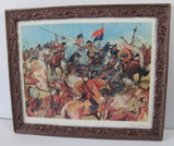 1950s Antique Framed Lithograph Print Of Custer's Last Stand