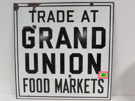Antique Grand Union Food Markets/ Cattle Crossing Dbl. Sided Porcelain Sign