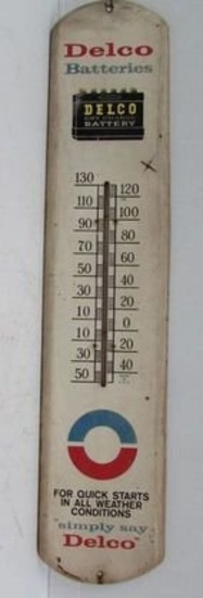 Vintage Delco Batteries 38" Metal Advertising Thermometer