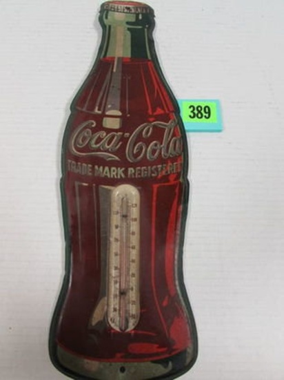 Antique Coca Cola Embossed Tin 17" Bottle Advertising Thermometer