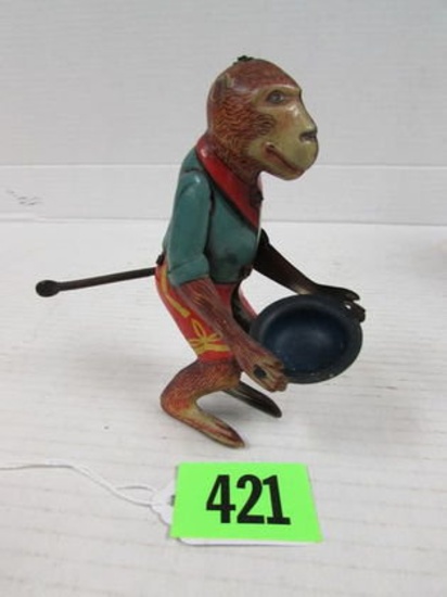 Antique Japan Tin Wind-up 4" Street Performing Monkey