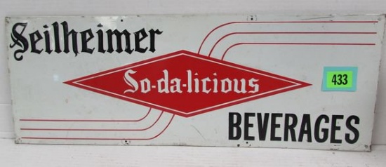 Vintage Seilheimer So-da-licious Beverages Embossed Metal Soda Sign 9 X 24"