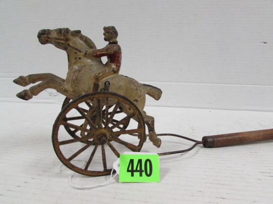 Antique Cast Iron Horse & Jockey Push Toy On Stick