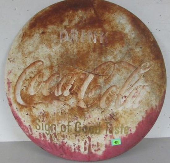 Antique Coca Cola " Sign Of Good Taste" 36" Steel Button Sign