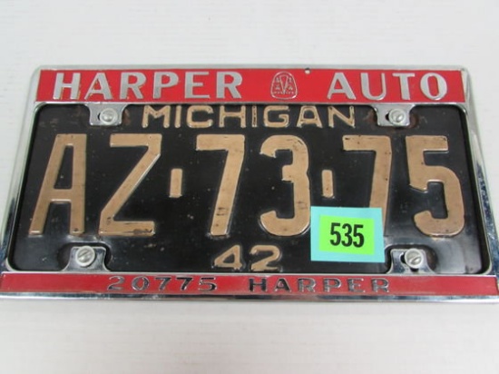 Excellent 1942 Michigan License Plate In Harper Hudson Frame Detroit, Mi