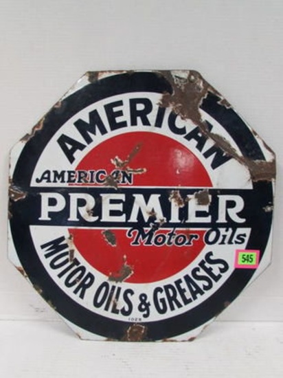 Antique American Premier Motor Oils 22 X 22" Dbl. Sided Porcelain Sign