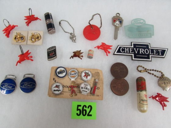 Case Lot Of Asst. Vintage Advertising Smalls, Pins, Etc. Mostly Gas/ Oil, Automotive