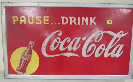 1940's/50's Pause Coca Cola Embossed Metal Self Framed Sign 32 X 56"