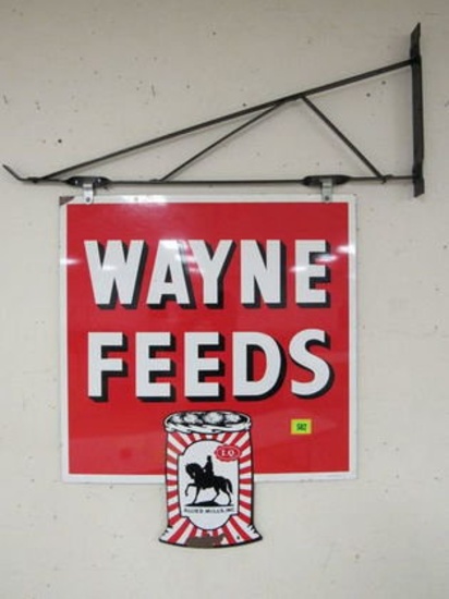 1964 Dated Wayne Feeds Dbl. Sided Farm/ Agriculture Metal Sign W/ Bracket