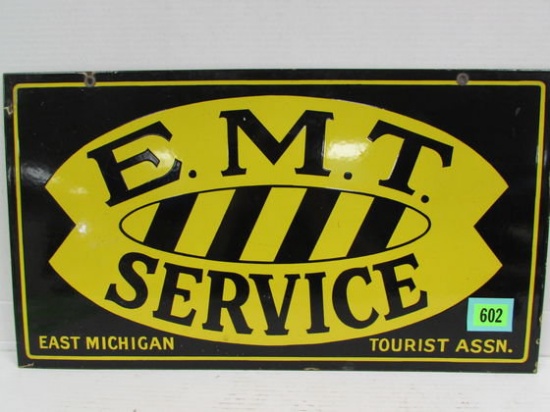 Excellent Antique Eastern Michigan Tourist Association Dbl. Sided Porcelain Sign