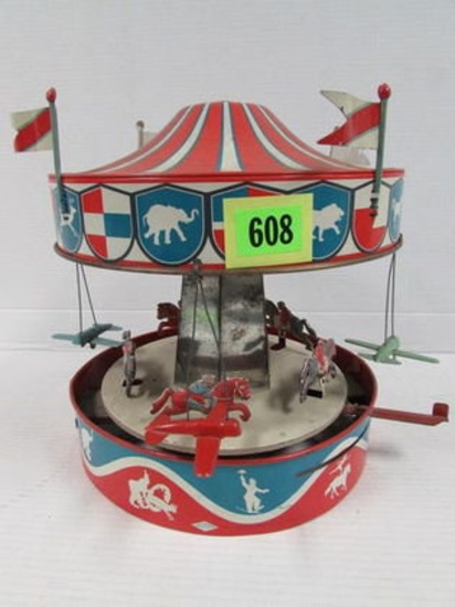 Antique Wolverine Toys Tin Litho Mechanical Carousel Toy Large
