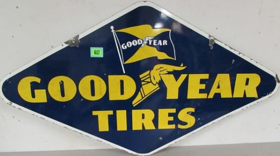 1946 Dated Goodyear Tires Dbl. Sided Porcelain Sign 27 X 48"