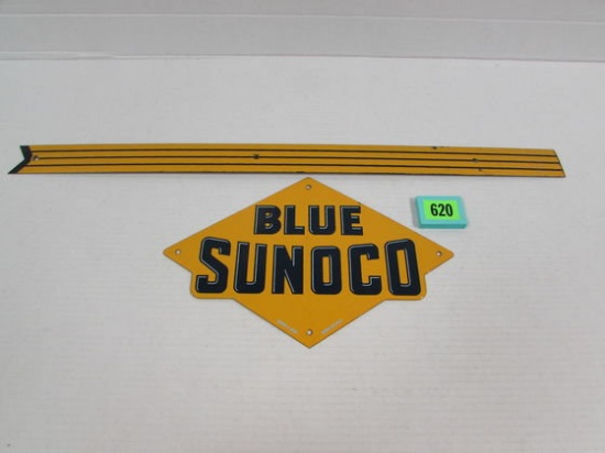 Antique Original Blue Sunoco Porcelain Gas Pump Plate Sign & Trim Piece