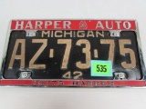 Excellent 1942 Michigan License Plate In Harper Hudson Frame Detroit, Mi