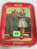 Vintage Original 1942 Coca Cola Two Girls With Car Metal Serving Tray